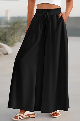 PRETTYGARDEN Women's 2025 Summer Wide Leg Palazzo Pants High Waisted Flowy Pockets Trendy Casual Lounge Boho Beach Trousers (Print Black,Small)