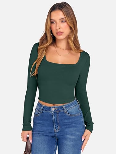 ANRABESS Women's Long Sleeve Crop Top Square Neck Ribbed Slim Fitted Shirts Casual Workout Basic Tees 2025 Fall Y2k Clothes Khaki Small
