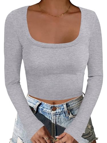 ANRABESS Women's Long Sleeve Crop Top Square Neck Ribbed Slim Fitted Shirts Casual Workout Basic Tees 2025 Fall Y2k Clothes Khaki Small