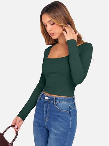 ANRABESS Women's Long Sleeve Crop Top Square Neck Ribbed Slim Fitted Shirts Casual Workout Basic Tees 2025 Fall Y2k Clothes Khaki Small
