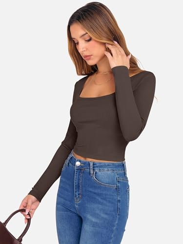 ANRABESS Women's Long Sleeve Crop Top Square Neck Ribbed Slim Fitted Shirts Casual Workout Basic Tees 2025 Fall Y2k Clothes Khaki Small