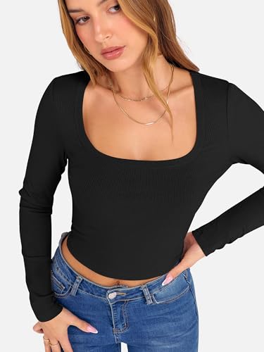 ANRABESS Women's Long Sleeve Crop Top Square Neck Ribbed Slim Fitted Shirts Casual Workout Basic Tees 2025 Fall Y2k Clothes Khaki Small