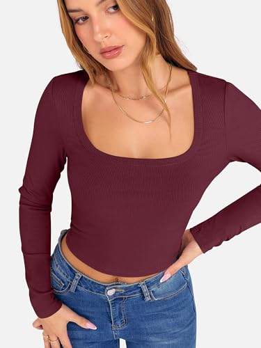 ANRABESS Women's Long Sleeve Crop Top Square Neck Ribbed Slim Fitted Shirts Casual Workout Basic Tees 2025 Fall Y2k Clothes Khaki Small