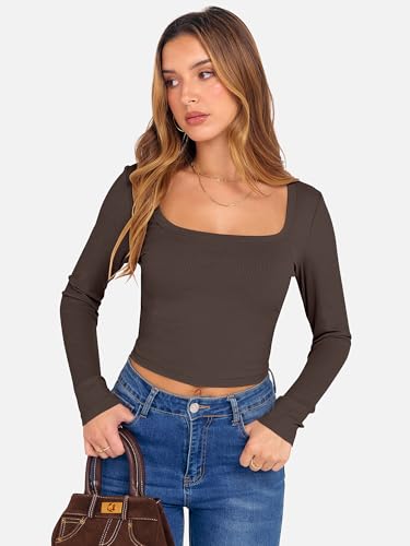 ANRABESS Women's Long Sleeve Crop Top Square Neck Ribbed Slim Fitted Shirts Casual Workout Basic Tees 2025 Fall Y2k Clothes Khaki Small