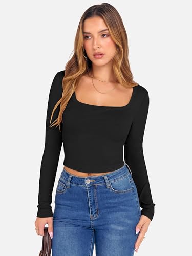 ANRABESS Women's Long Sleeve Crop Top Square Neck Ribbed Slim Fitted Shirts Casual Workout Basic Tees 2025 Fall Y2k Clothes Khaki Small