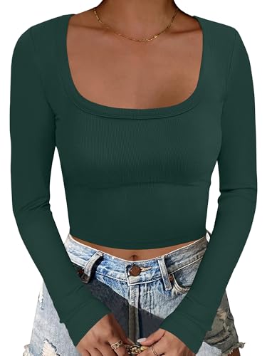 ANRABESS Women's Long Sleeve Crop Top Square Neck Ribbed Slim Fitted Shirts Casual Workout Basic Tees 2025 Fall Y2k Clothes Khaki Small