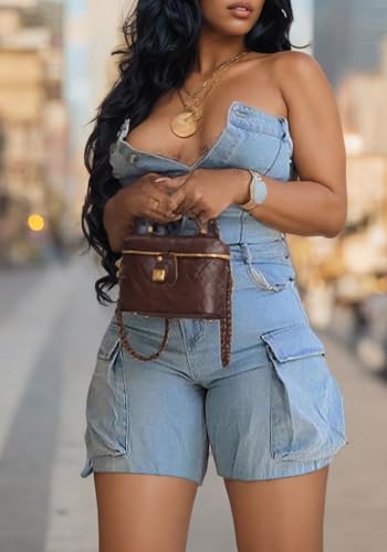 Unybwonn Women's Sexy off Shoulder Tube Denim Cargo Jumpsuits Corset Y2k Jean Shorts Rompers Overalls