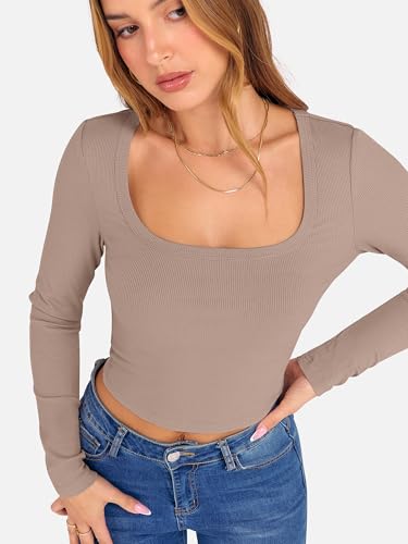 ANRABESS Women's Long Sleeve Crop Top Square Neck Ribbed Slim Fitted Shirts Casual Workout Basic Tees 2025 Fall Y2k Clothes Khaki Small