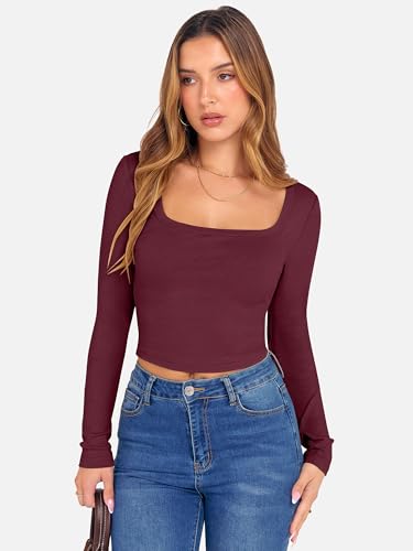 ANRABESS Women's Long Sleeve Crop Top Square Neck Ribbed Slim Fitted Shirts Casual Workout Basic Tees 2025 Fall Y2k Clothes Khaki Small