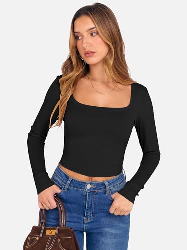 ANRABESS Women's Long Sleeve Crop Top Square Neck Ribbed Slim Fitted Shirts Casual Workout Basic Tees 2025 Fall Y2k Clothes Khaki Small