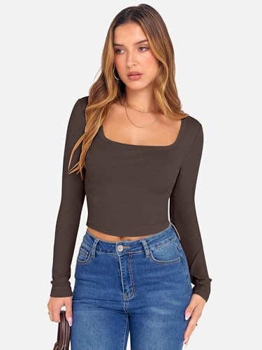 ANRABESS Women's Long Sleeve Crop Top Square Neck Ribbed Slim Fitted Shirts Casual Workout Basic Tees 2025 Fall Y2k Clothes Khaki Small