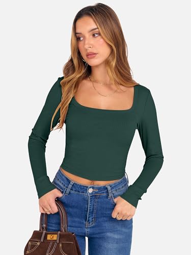 ANRABESS Women's Long Sleeve Crop Top Square Neck Ribbed Slim Fitted Shirts Casual Workout Basic Tees 2025 Fall Y2k Clothes Khaki Small
