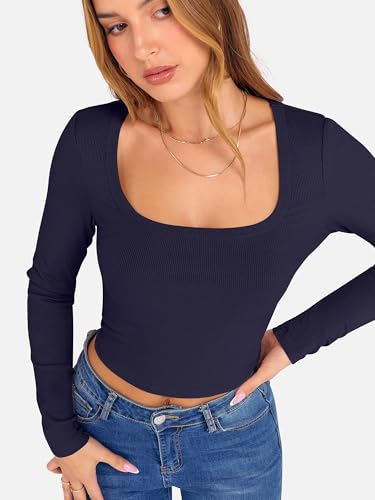 ANRABESS Women's Long Sleeve Crop Top Square Neck Ribbed Slim Fitted Shirts Casual Workout Basic Tees 2025 Fall Y2k Clothes Khaki Small