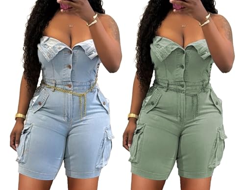 Unybwonn Women's Sexy off Shoulder Tube Denim Cargo Jumpsuits Corset Y2k Jean Shorts Rompers Overalls