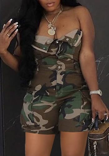 Unybwonn Women's Sexy off Shoulder Tube Denim Cargo Jumpsuits Corset Y2k Jean Shorts Rompers Overalls