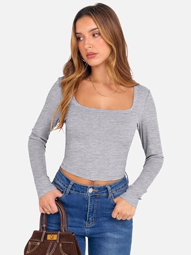 ANRABESS Women's Long Sleeve Crop Top Square Neck Ribbed Slim Fitted Shirts Casual Workout Basic Tees 2025 Fall Y2k Clothes Khaki Small