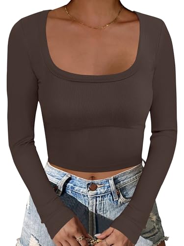 ANRABESS Women's Long Sleeve Crop Top Square Neck Ribbed Slim Fitted Shirts Casual Workout Basic Tees 2025 Fall Y2k Clothes Khaki Small