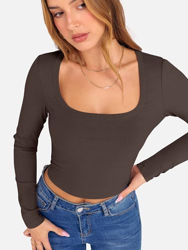 ANRABESS Women's Long Sleeve Crop Top Square Neck Ribbed Slim Fitted Shirts Casual Workout Basic Tees 2025 Fall Y2k Clothes Khaki Small