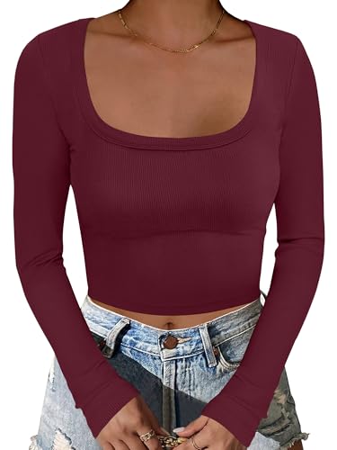 ANRABESS Women's Long Sleeve Crop Top Square Neck Ribbed Slim Fitted Shirts Casual Workout Basic Tees 2025 Fall Y2k Clothes Khaki Small