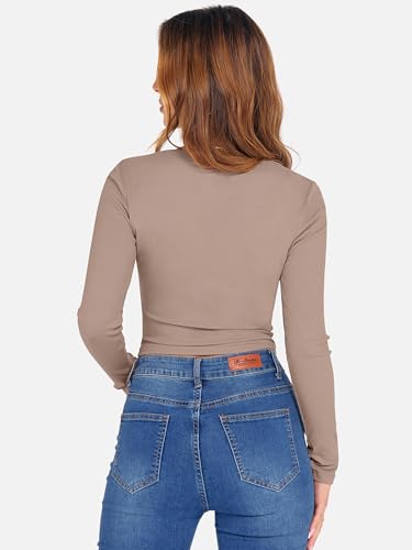 ANRABESS Women's Long Sleeve Crop Top Square Neck Ribbed Slim Fitted Shirts Casual Workout Basic Tees 2025 Fall Y2k Clothes Khaki Small