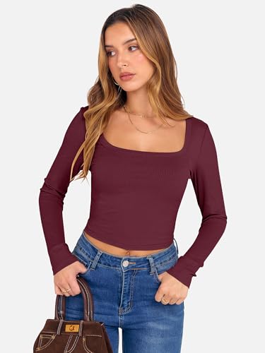 ANRABESS Women's Long Sleeve Crop Top Square Neck Ribbed Slim Fitted Shirts Casual Workout Basic Tees 2025 Fall Y2k Clothes Khaki Small