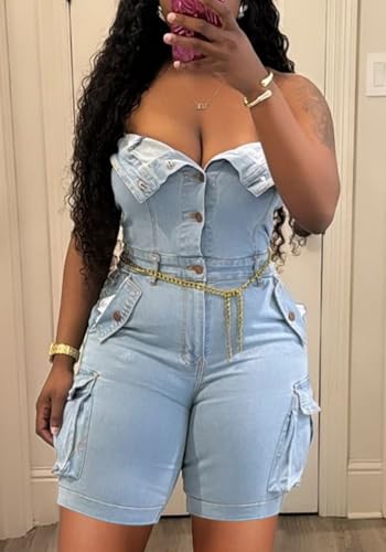 Unybwonn Women's Sexy off Shoulder Tube Denim Cargo Jumpsuits Corset Y2k Jean Shorts Rompers Overalls