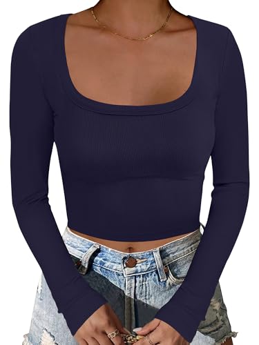 ANRABESS Women's Long Sleeve Crop Top Square Neck Ribbed Slim Fitted Shirts Casual Workout Basic Tees 2025 Fall Y2k Clothes Khaki Small