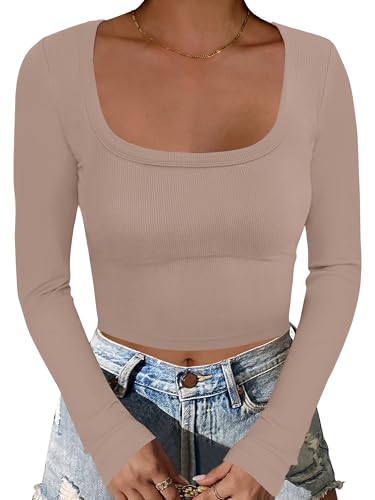 ANRABESS Women's Long Sleeve Crop Top Square Neck Ribbed Slim Fitted Shirts Casual Workout Basic Tees 2025 Fall Y2k Clothes Khaki Small