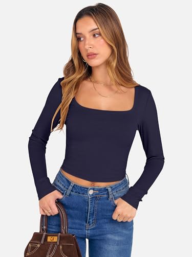 ANRABESS Women's Long Sleeve Crop Top Square Neck Ribbed Slim Fitted Shirts Casual Workout Basic Tees 2025 Fall Y2k Clothes Khaki Small
