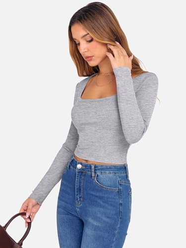 ANRABESS Women's Long Sleeve Crop Top Square Neck Ribbed Slim Fitted Shirts Casual Workout Basic Tees 2025 Fall Y2k Clothes Khaki Small
