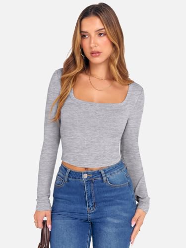 ANRABESS Women's Long Sleeve Crop Top Square Neck Ribbed Slim Fitted Shirts Casual Workout Basic Tees 2025 Fall Y2k Clothes Khaki Small