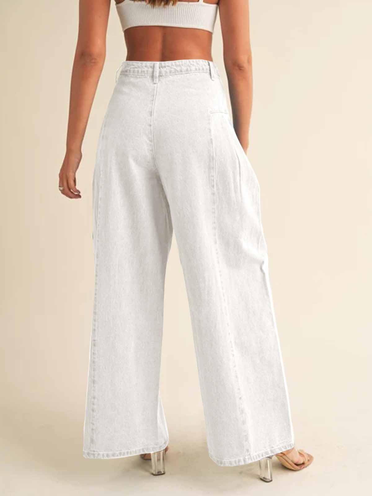 PLNOTME Womens Baggy High Waisted Jeans Loose Boyfriend Wide Leg Side Pleated Denim Pants Blue