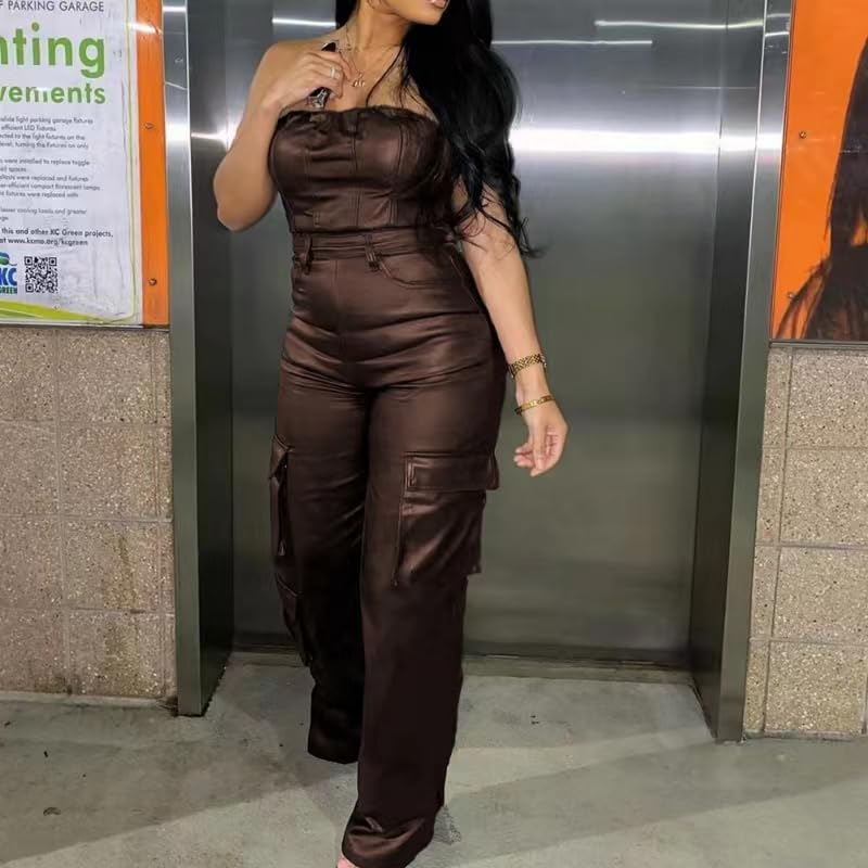 REASERAL Womens PU Leather Jumpsuit Sexy Off the Shoulder Top Tight Waist Cargo Pants Bodysuit