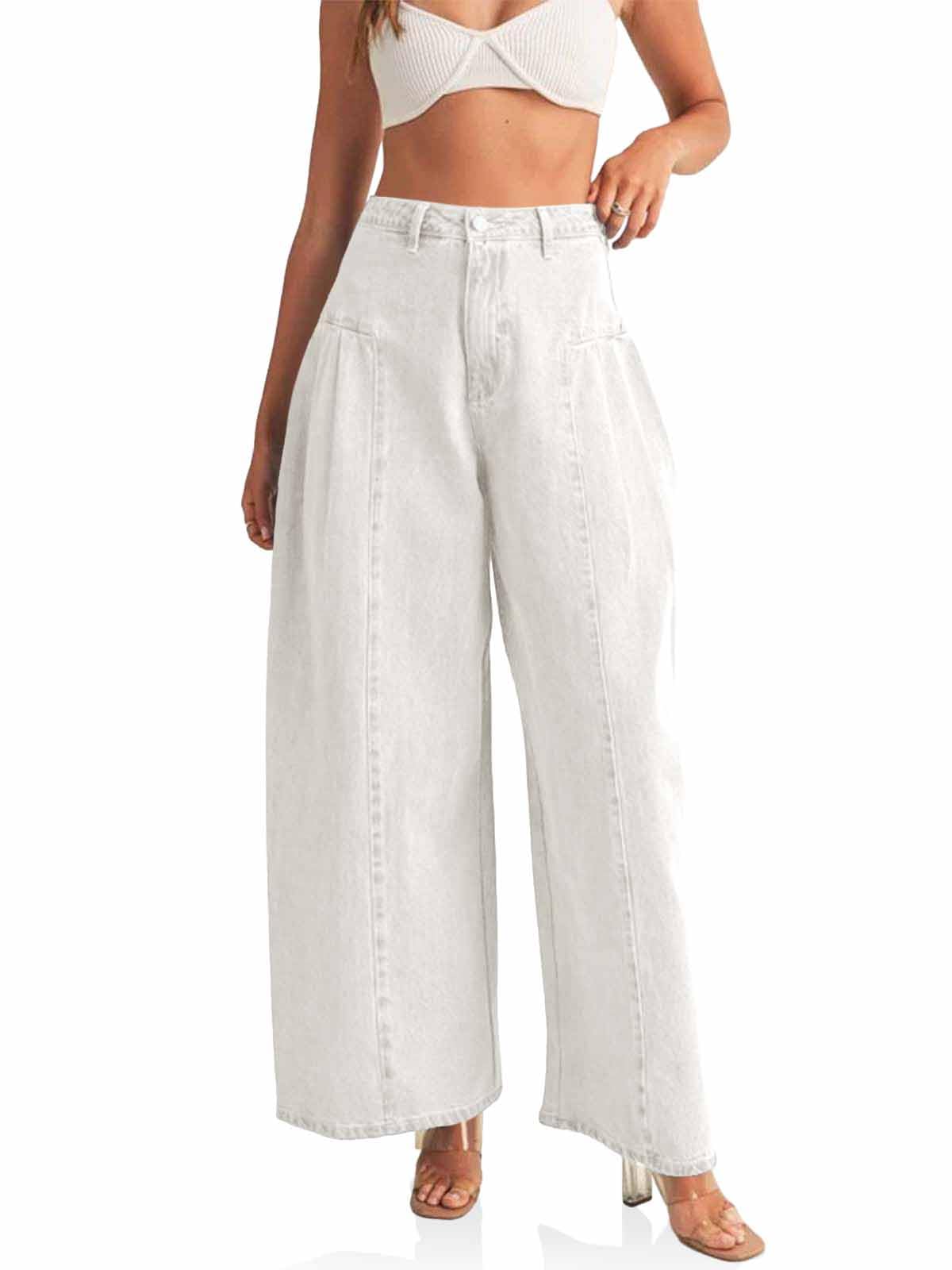 PLNOTME Womens Baggy High Waisted Jeans Loose Boyfriend Wide Leg Side Pleated Denim Pants Blue