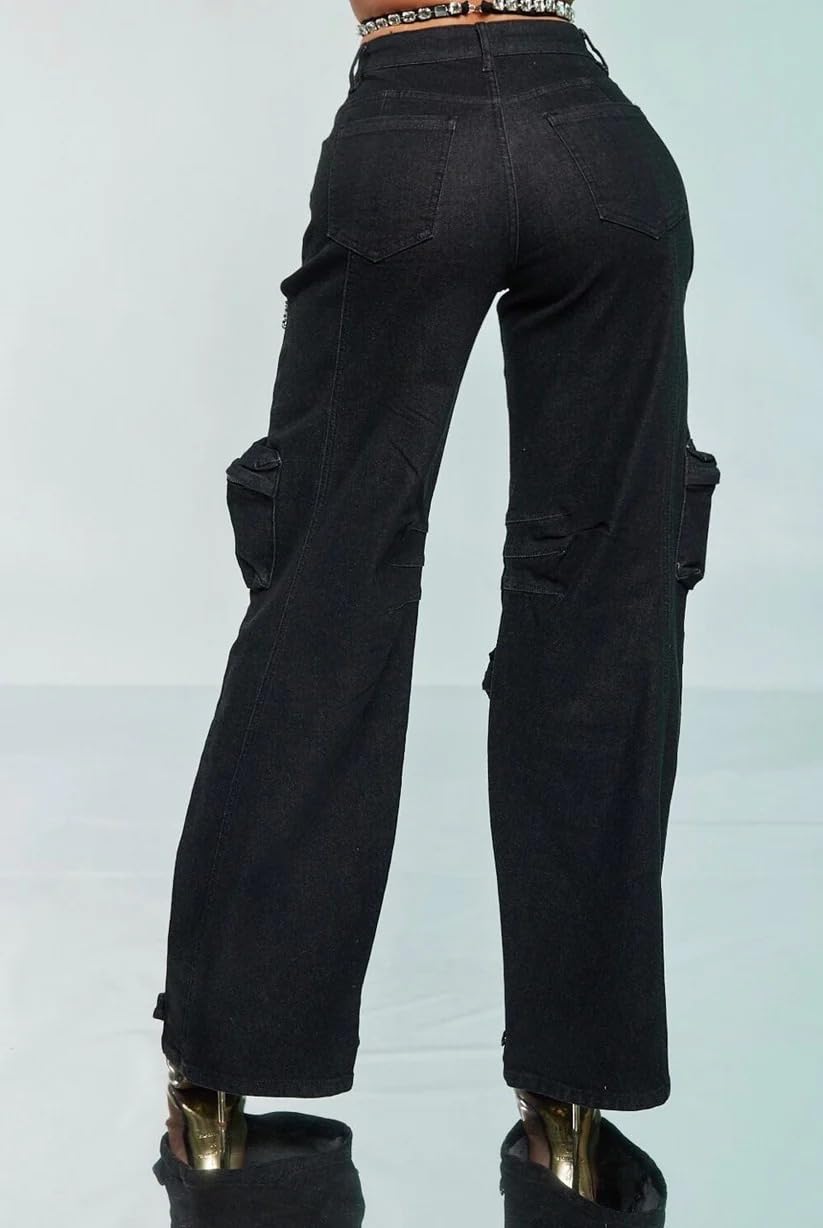 Unybwonn Sexy Pearl Sparkly Jeans for Women Cutout Bedazzled Elastic Baggy Cargo Denim Pants with Flap Pockets Blue