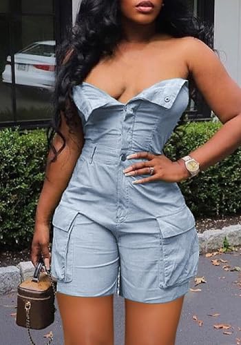 Unybwonn Women's Sexy off Shoulder Tube Denim Cargo Jumpsuits Corset Y2k Jean Shorts Rompers Overalls