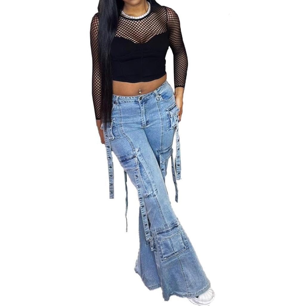 Vakkest Sexy High Waisted Skinny Jeans for Women Bodycon Crossover Stretchy Denim Cargo Pants Streetwear with Pockets