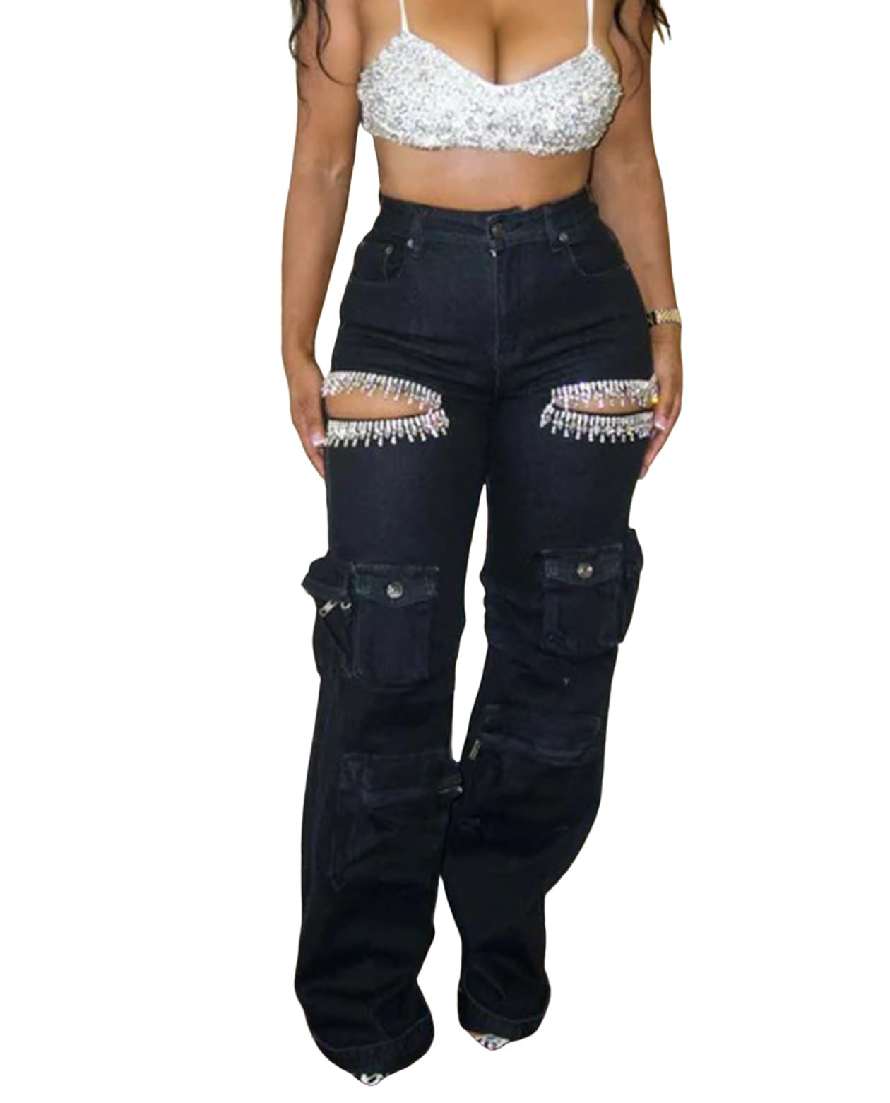 Unybwonn Sexy Pearl Sparkly Jeans for Women Cutout Bedazzled Elastic Baggy Cargo Denim Pants with Flap Pockets Blue