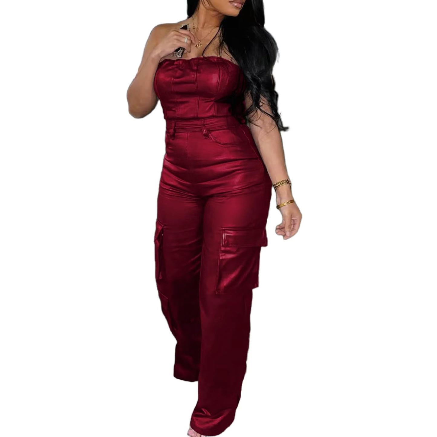 REASERAL Womens PU Leather Jumpsuit Sexy Off the Shoulder Top Tight Waist Cargo Pants Bodysuit