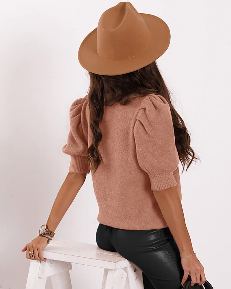 Women's Puff Short Sleeve Sweater Tops 2025 Spring Summer Trendy Crew Neck Casual T Shirts Blouses Beige
