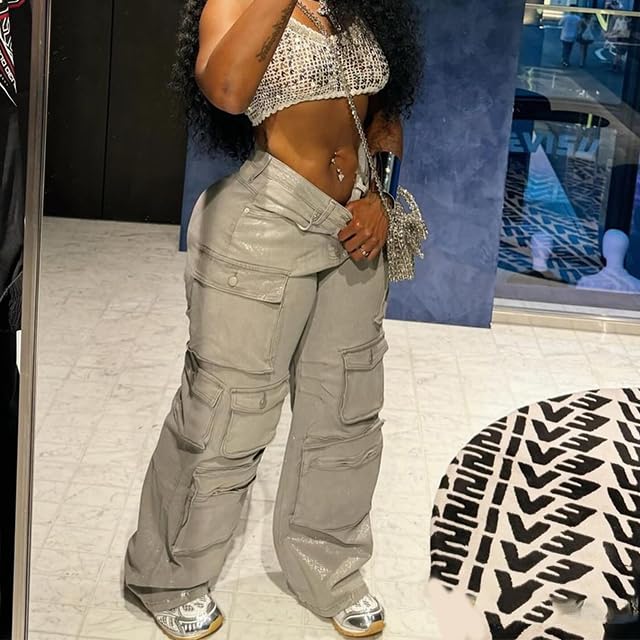 LKOUS Women's Y2K Baggy Straight Wide Leg Cargo Jeans, Streetwear High Waisted Denim Pant Grey