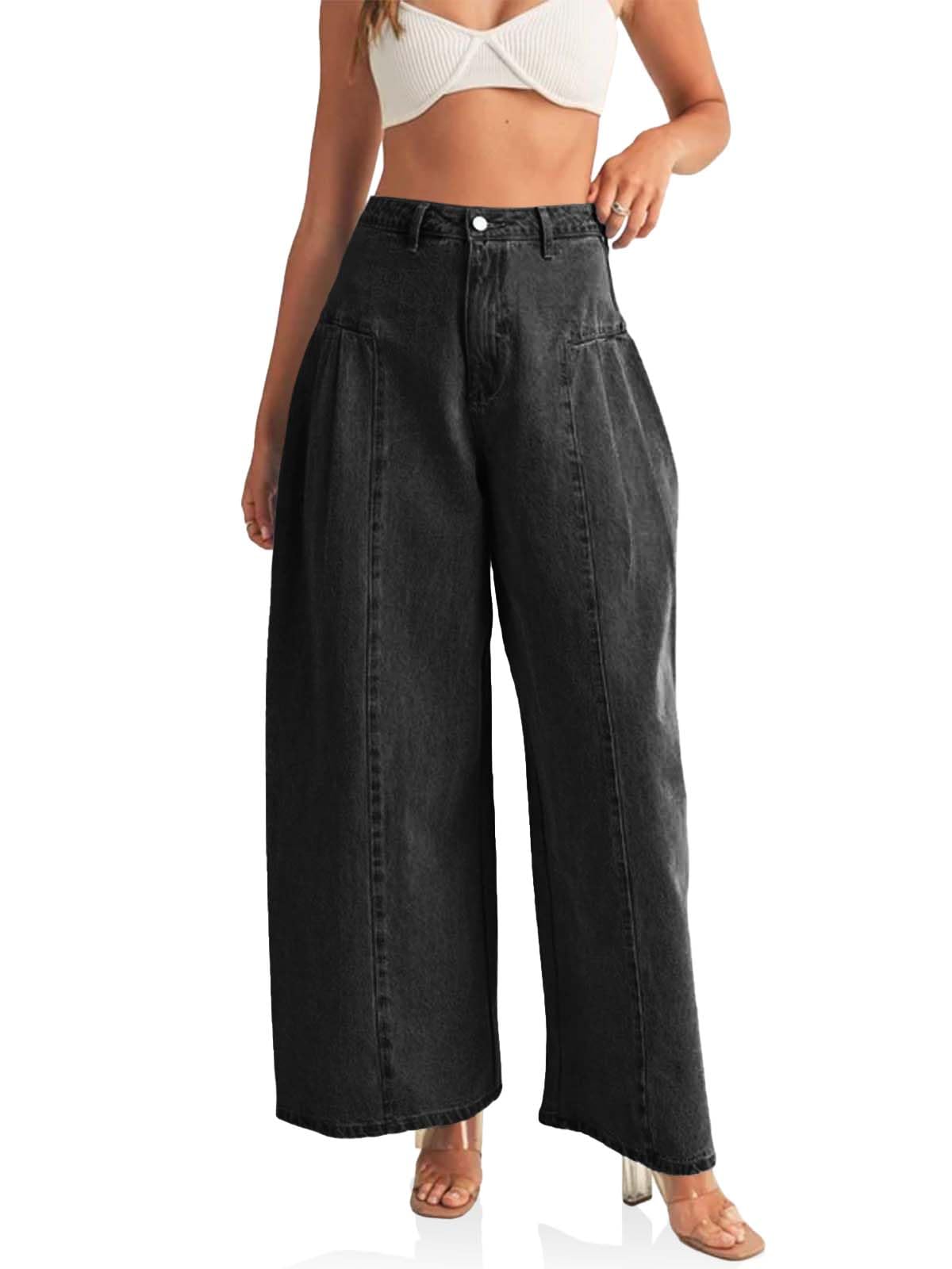 PLNOTME Womens Baggy High Waisted Jeans Loose Boyfriend Wide Leg Side Pleated Denim Pants Blue