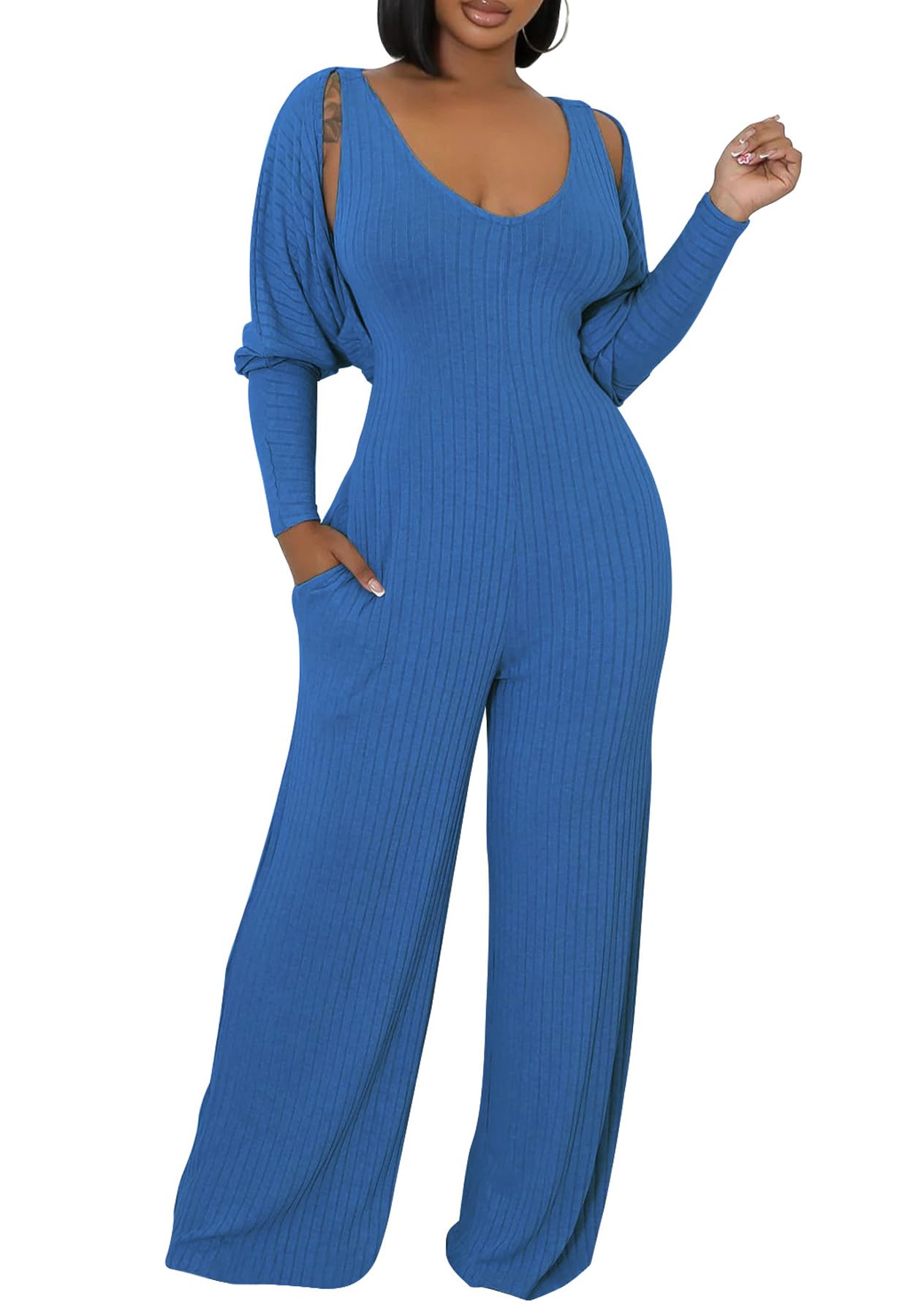 Vakkest Sexy Ribbed Knitted 2 Piece Jumpsuit Outfits for Women Long Sleeve Crop Cardigan Sweater Wide Leg Tank Romper Set