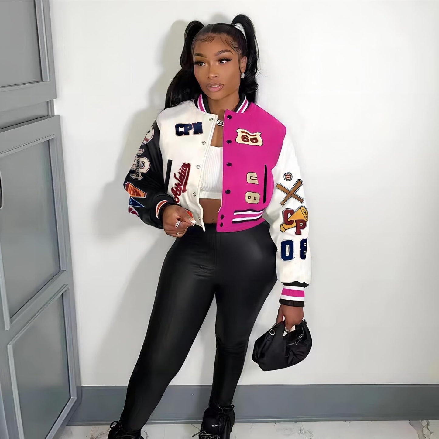 Glitrandi Varsity Jacket for Women Jacket with Patches Cropped Bomber Leather Jacket Woman Winter Spring 2025 S-XXL