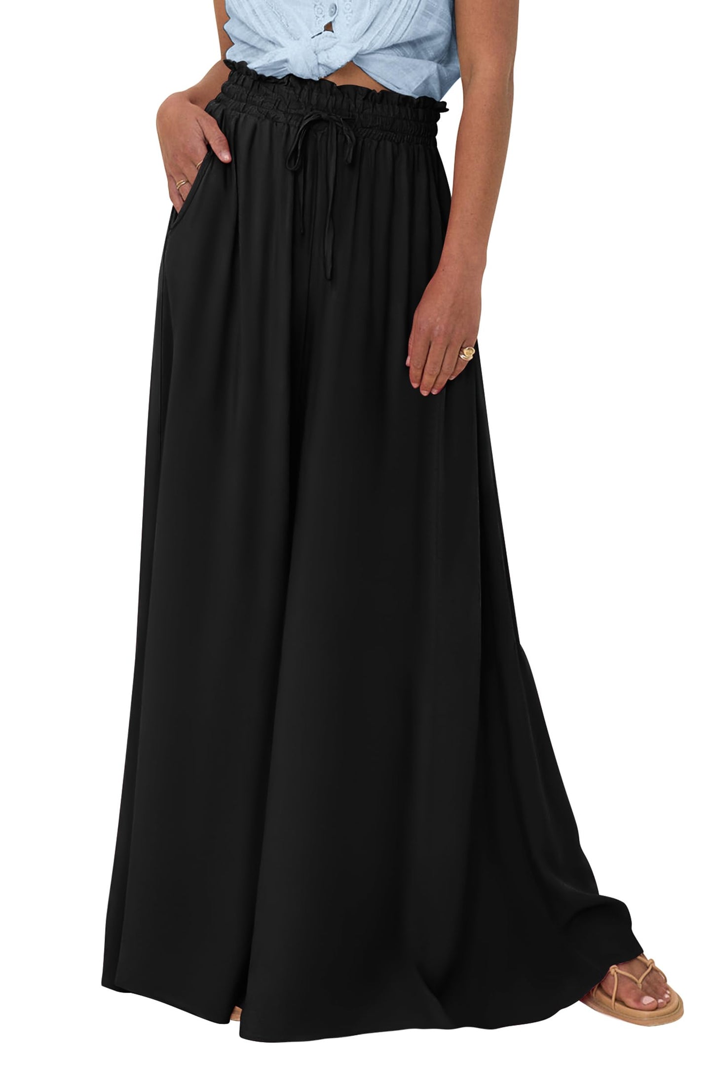 PRETTYGARDEN Women's 2025 Summer Wide Leg Palazzo Pants High Waisted Flowy Pockets Trendy Casual Lounge Boho Beach Trousers (Print Black,Small)