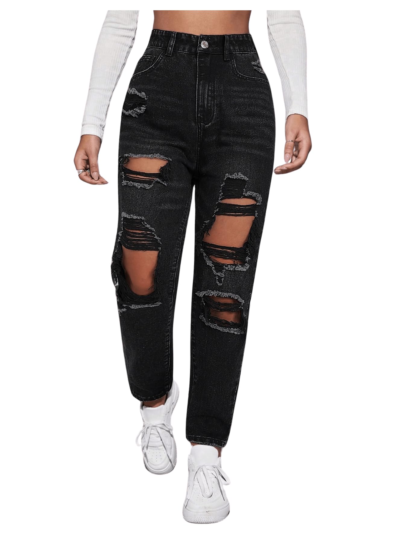 Floerns Women's High Waist Boyfriend Straight Leg Ripped Jeans Distressed Denim Pants Light Blue Large