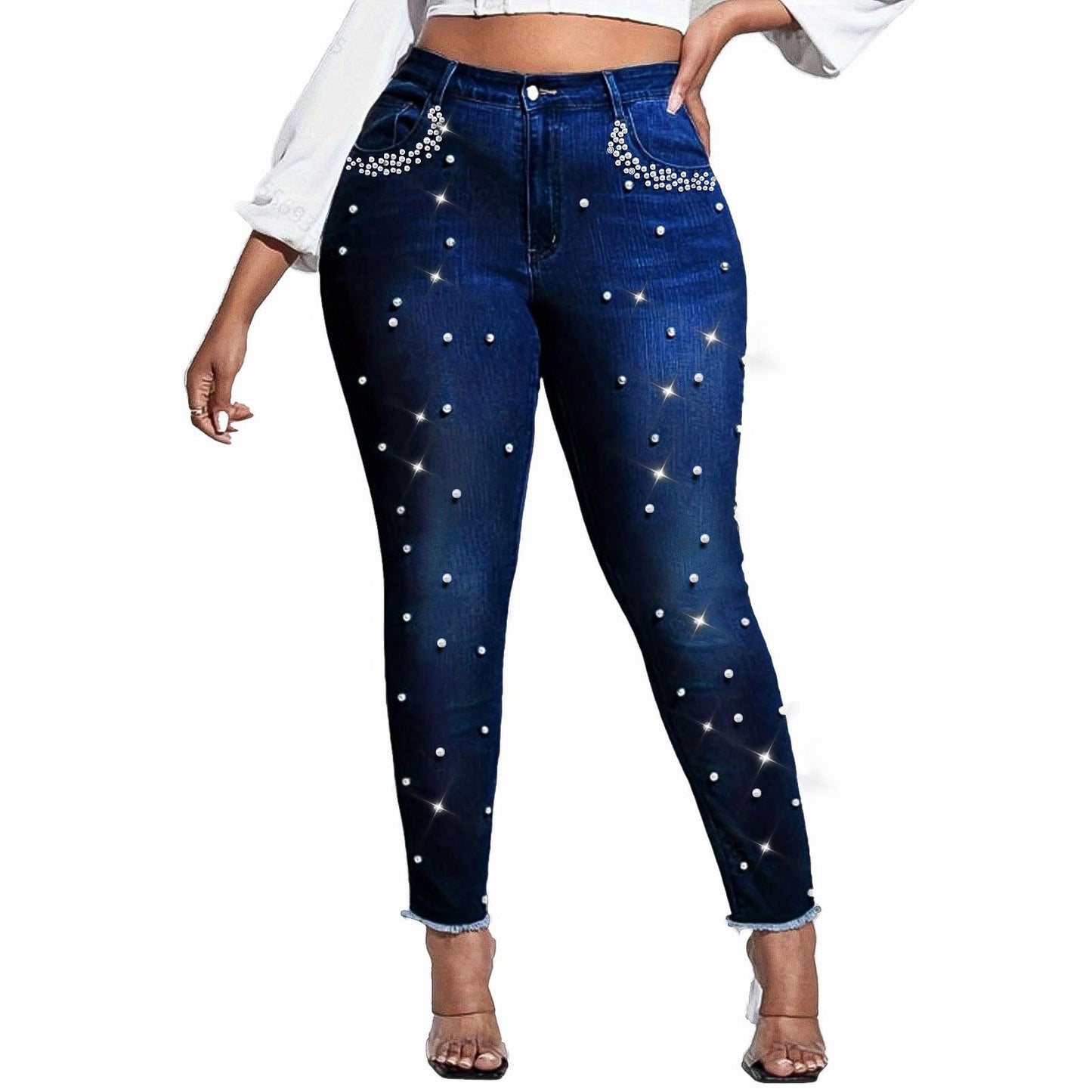 Cyparel Women's Rhinestone Jeans High Waist Pearls Beaded Fringe Tassels Frayed Butt Lifting Stretch Skinny Denim Pants Light Blue