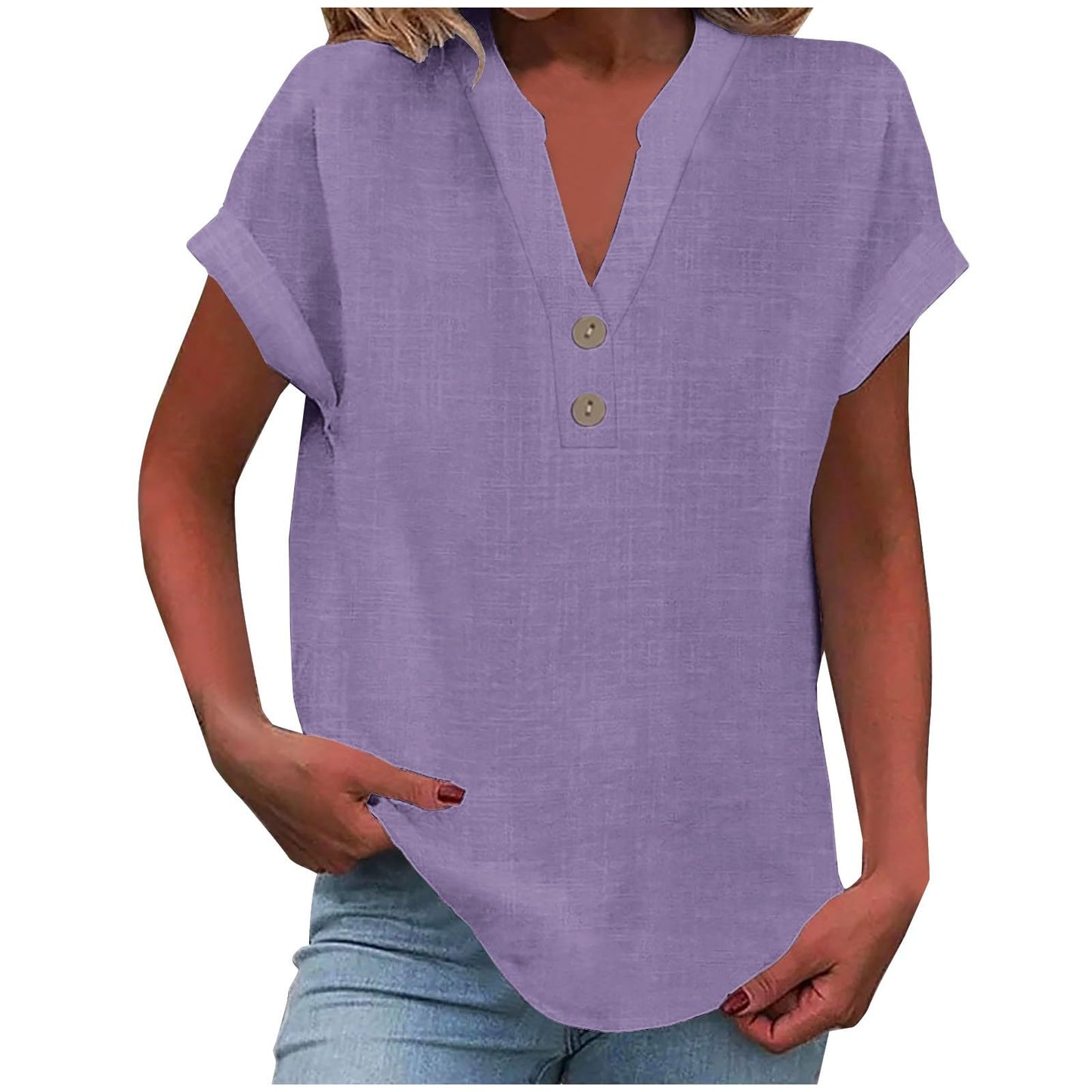 Big Spring Deals Summer Tops for Women 2025 Trendy Short Sleeve Cotton Linen Shirt Casual Button v Neck Tunic Blouses Outfits White Travel Shirts for Women M