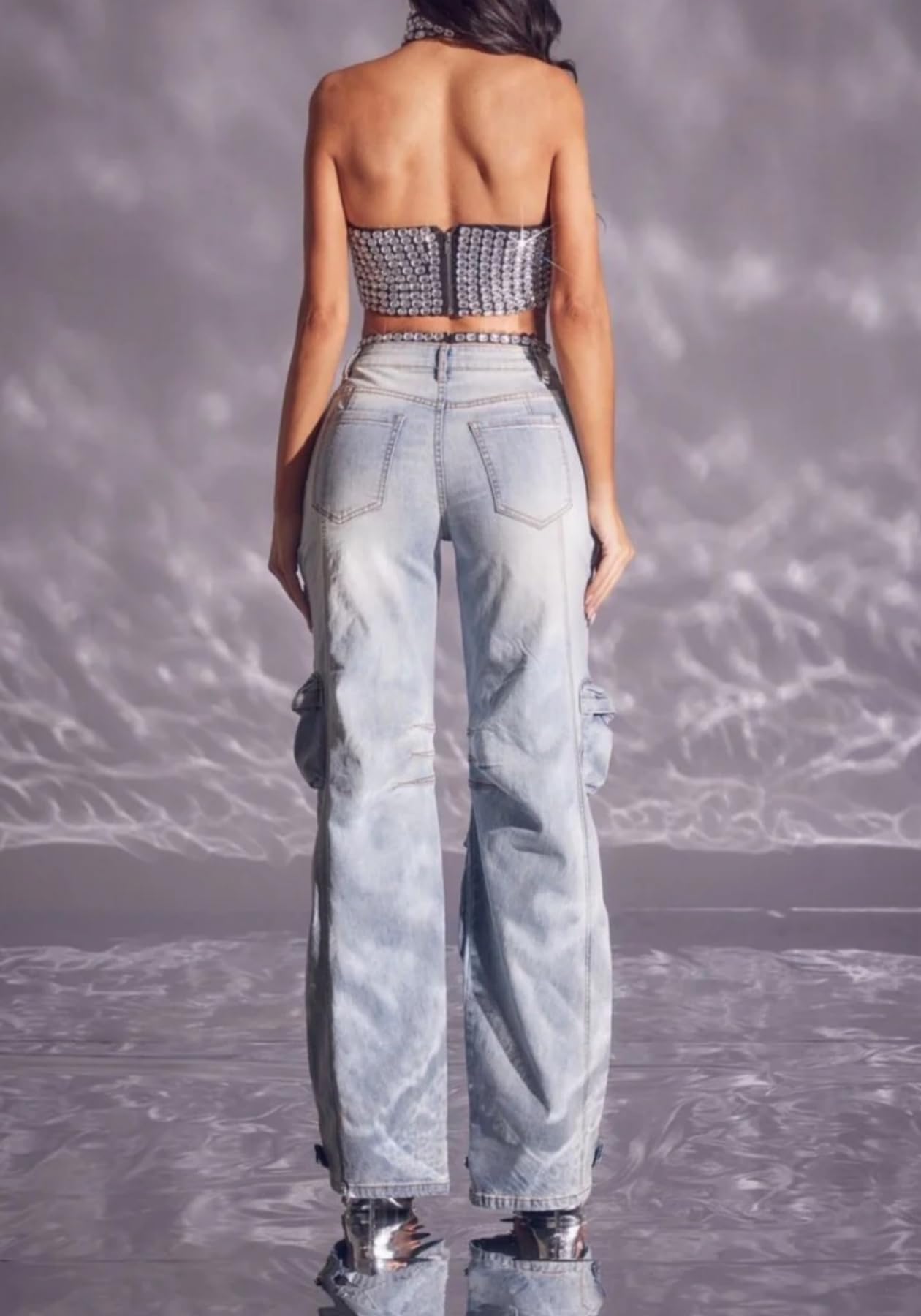 Unybwonn Sexy Pearl Sparkly Jeans for Women Cutout Bedazzled Elastic Baggy Cargo Denim Pants with Flap Pockets Blue