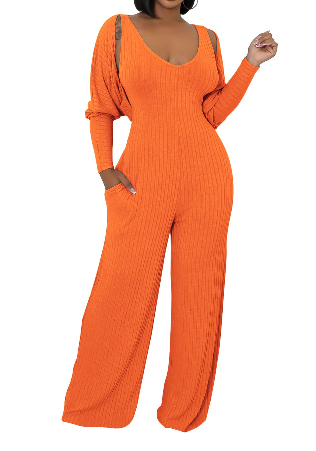 Vakkest Sexy Ribbed Knitted 2 Piece Jumpsuit Outfits for Women Long Sleeve Crop Cardigan Sweater Wide Leg Tank Romper Set
